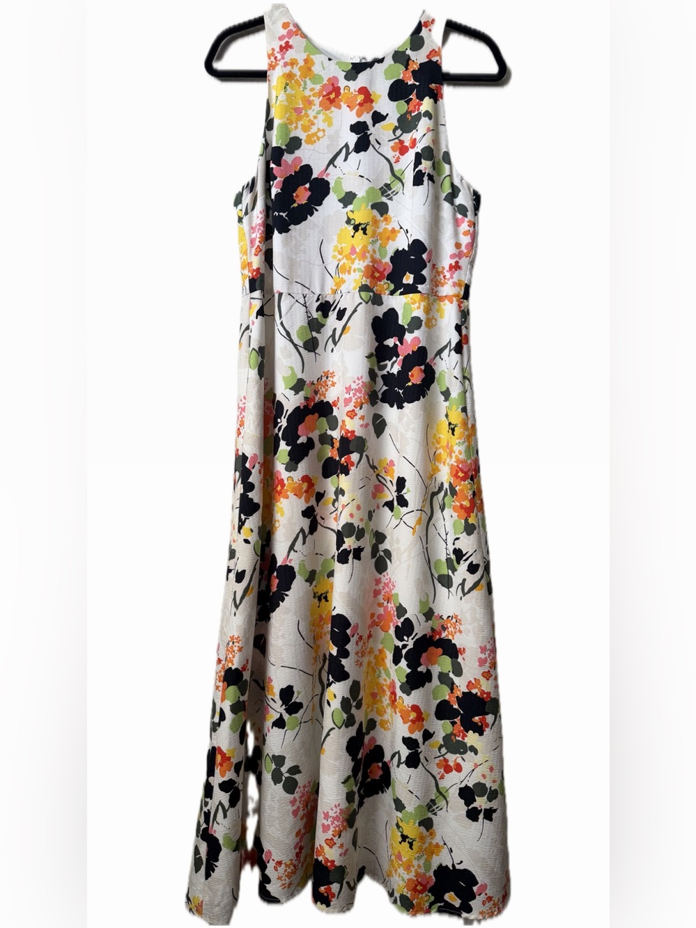 Banana Republic White Floral Maxi Dress with Black, Yellow & Green Accents